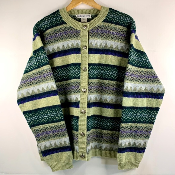 Vintage Green striped Nordic/fair isle wool button up sweater cardigan cabincore - Picture 1 of 9
